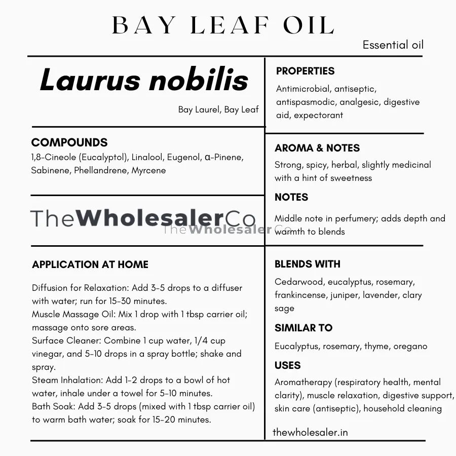 common name, active compounds, properties,aroma, notes,blends with, similar to and uses of Bay Leaf Oil - Laurus nobilis essential oil