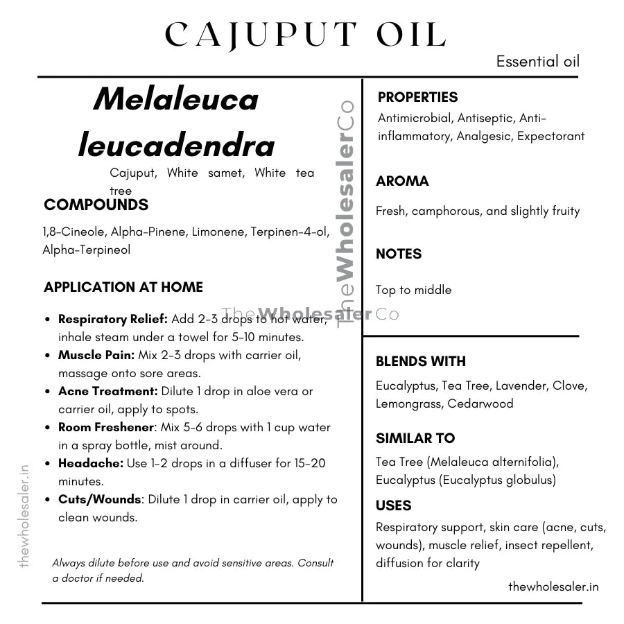 Melaleuca leucadendra essential oil with  common name, active compounds, properties,aroma, notes,blends with, similar to and uses of  Melaleuca leucadendra essential oil 