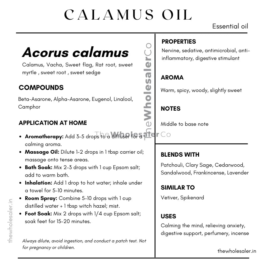 Calamus Oil  essential oil with  common name, active compounds, properties,aroma, notes,blends with, similar to and uses of Acorus calamus essential oil