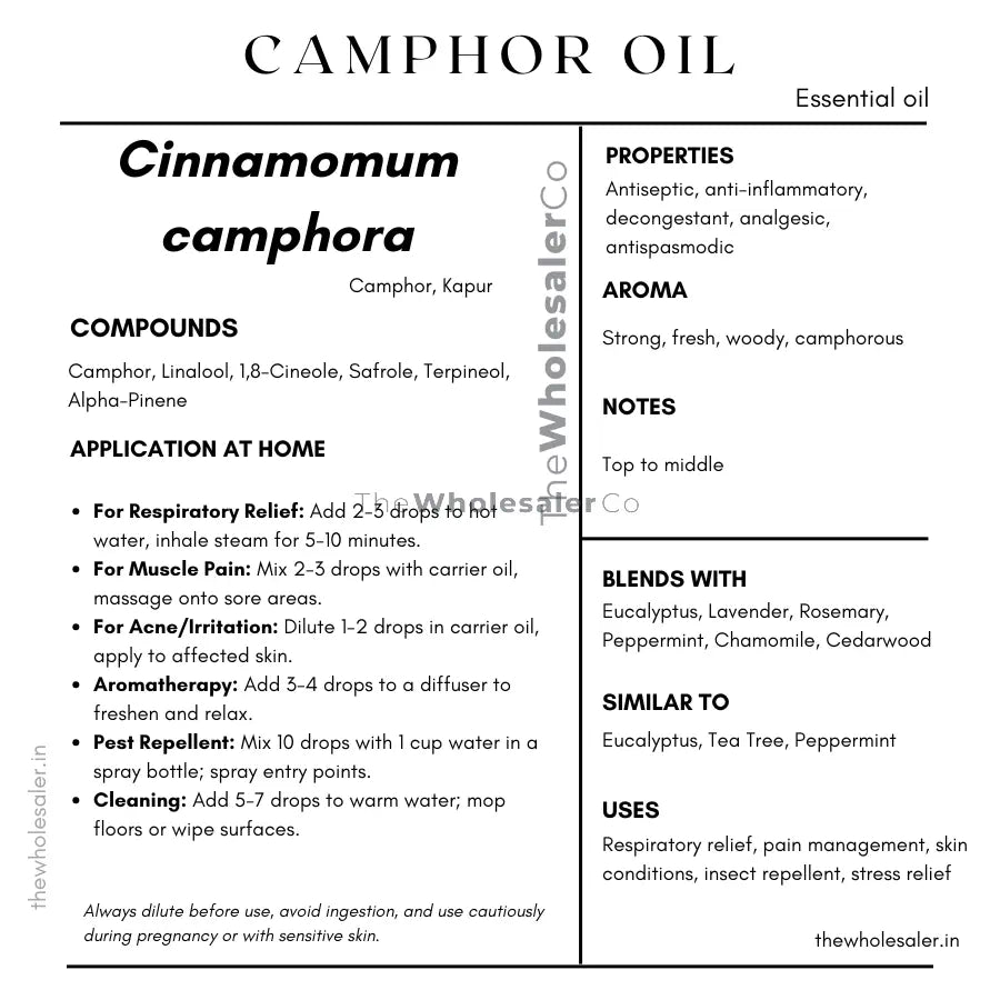 profile Cinnamomum camphora essential oil with  common name, active compounds, properties,aroma, notes,blends with, similar to and uses of Cinnamomum camphora essential oil 