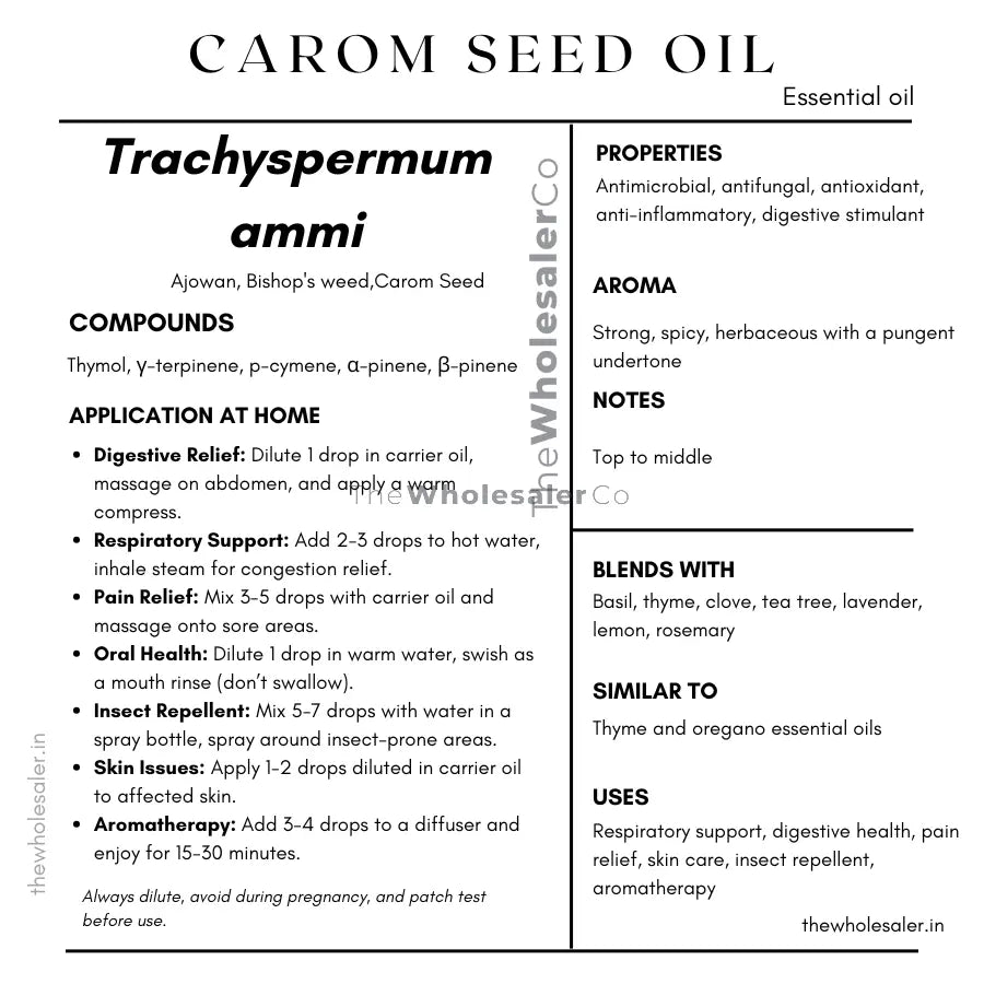 Trachyspermum ammi essential oil with  common name, active compounds, properties,aroma, notes,blends with, similar to and uses of carrom seed oil or ajowain essential oil