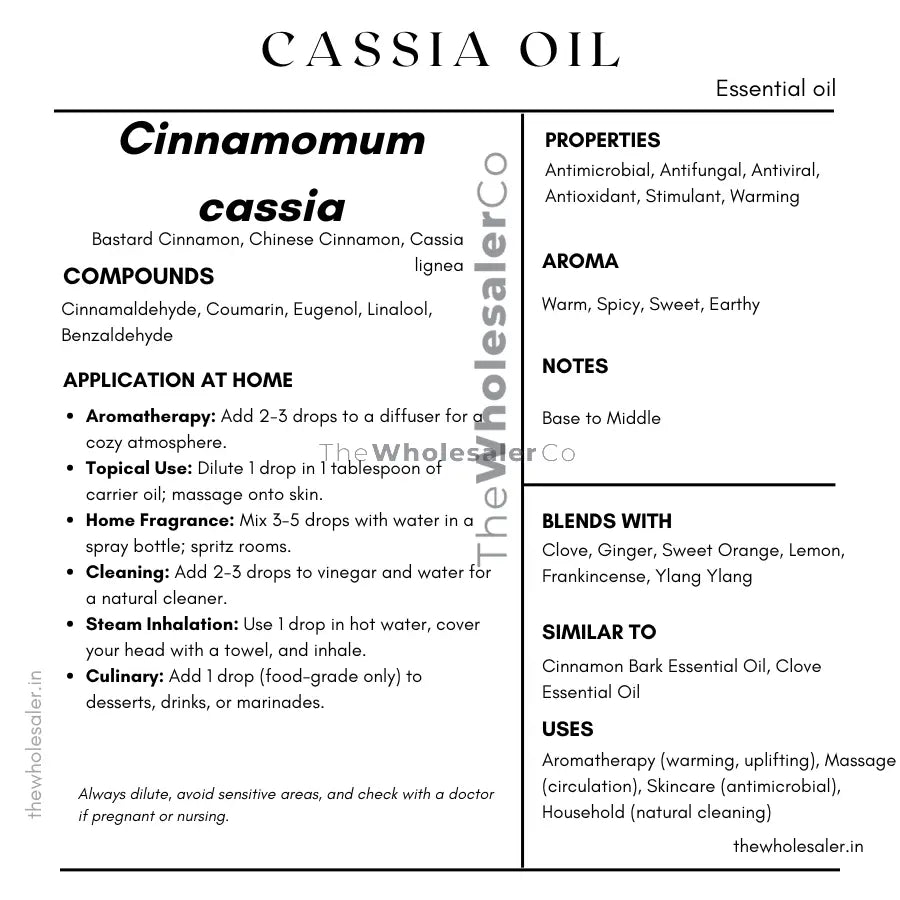 Cinnamomum cassia essential oil with  common name, active compounds, properties,aroma, notes,blends with, similar to and uses of Cinnamomum cassia essential oil