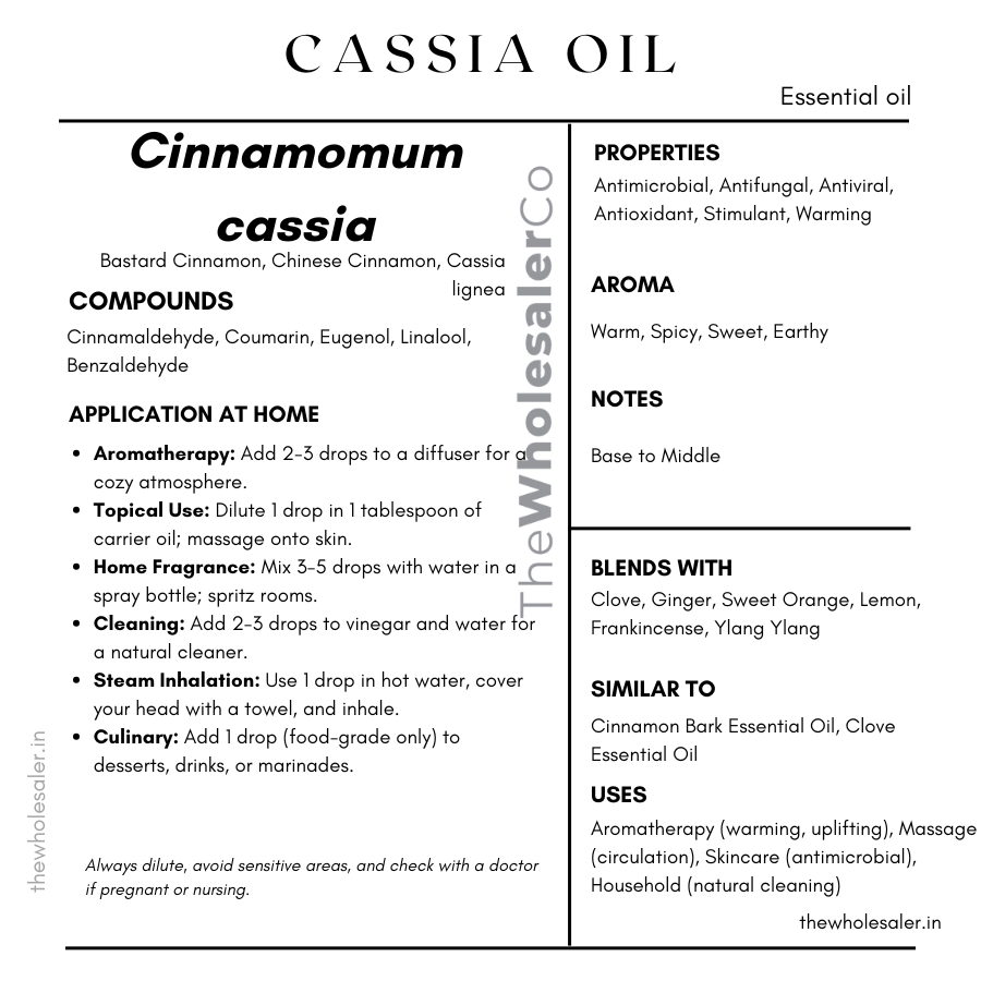 Cinnamomum cassia essential oil with  common name, active compounds, properties,aroma, notes,blends with, similar to and uses of Cinnamomum cassia essential oil