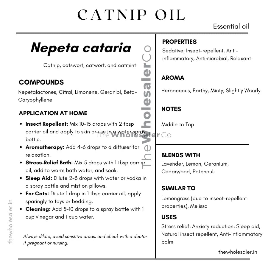 Nepeta cataria essential oil with  common name, active compounds, properties,aroma, notes,blends with, similar to and uses of catnip essential oil 