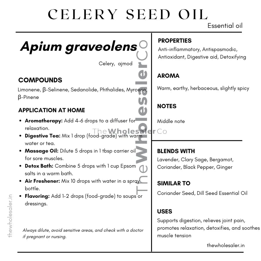 Apium graveolens essential oil with  common name, active compounds, properties,aroma, notes,blends with, similar to and uses of celery seed essential oil 