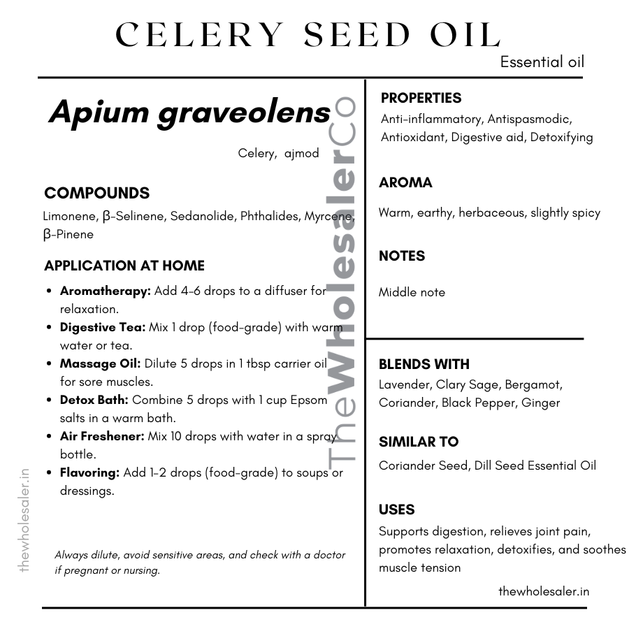 Apium graveolens essential oil with  common name, active compounds, properties,aroma, notes,blends with, similar to and uses of celery seed essential oil 