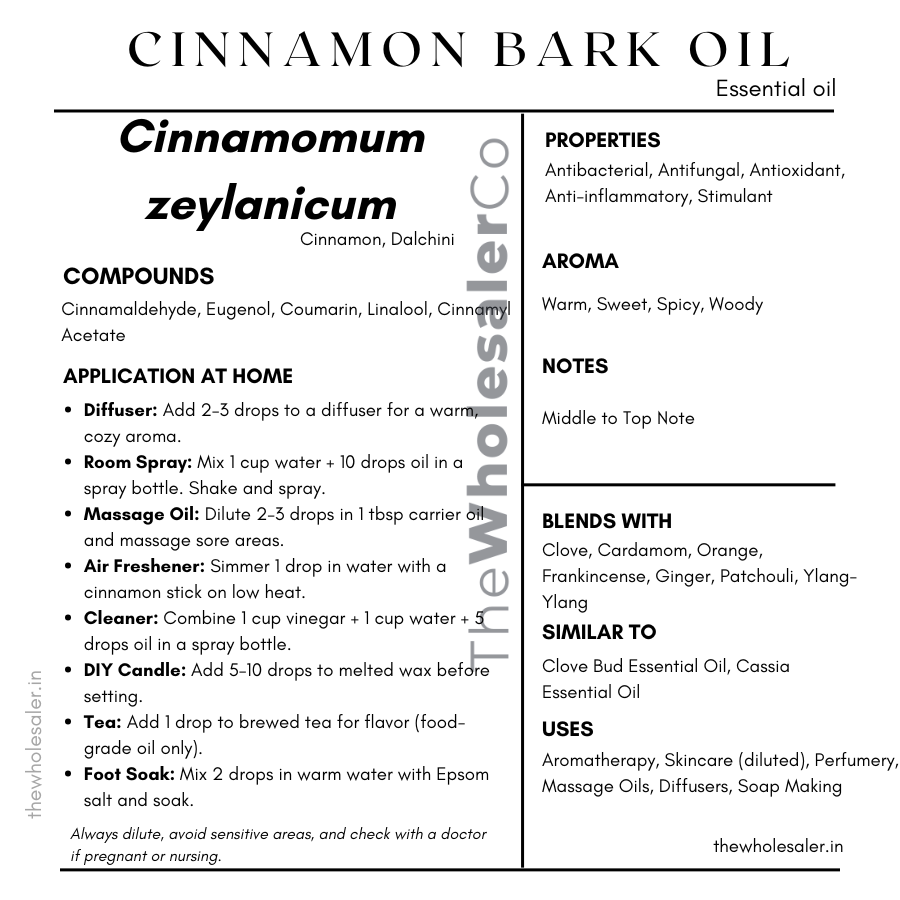 Cinnamomum zeylanicum bark essential oil with  common name, active compounds, properties,aroma, notes,blends with, similar to and uses of Cinnamon Bark Oil essential oil