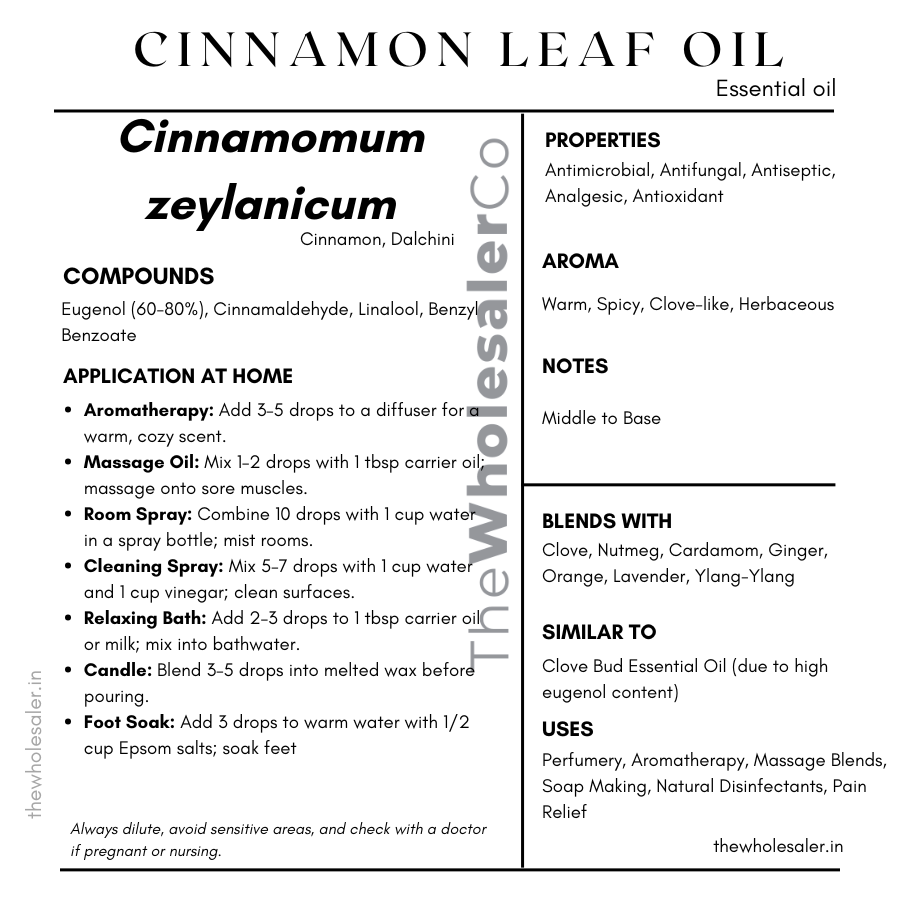 Cinnamomum zeylanicum leaf essential oil with  common name, active compounds, properties,aroma, notes,blends with, similar to and uses of Cinnamon Leaf Oil