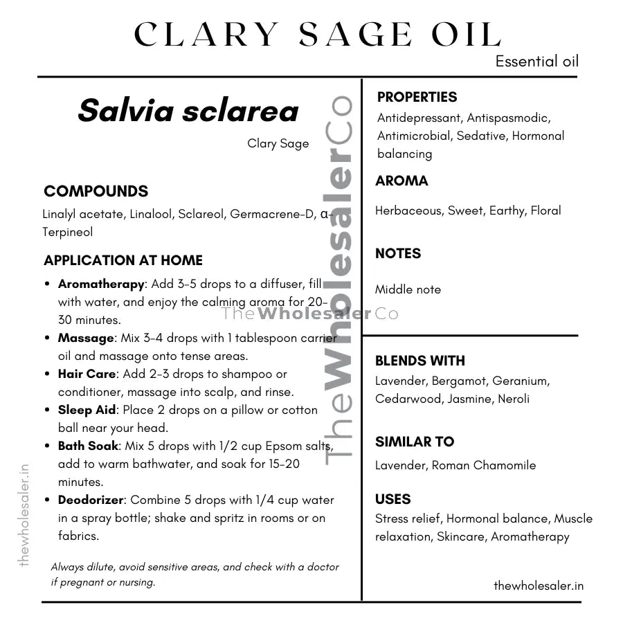 Salvia sclarea essential oil with  common name, active compounds, properties,aroma, notes,blends with, similar to and uses of clary sage essential oil