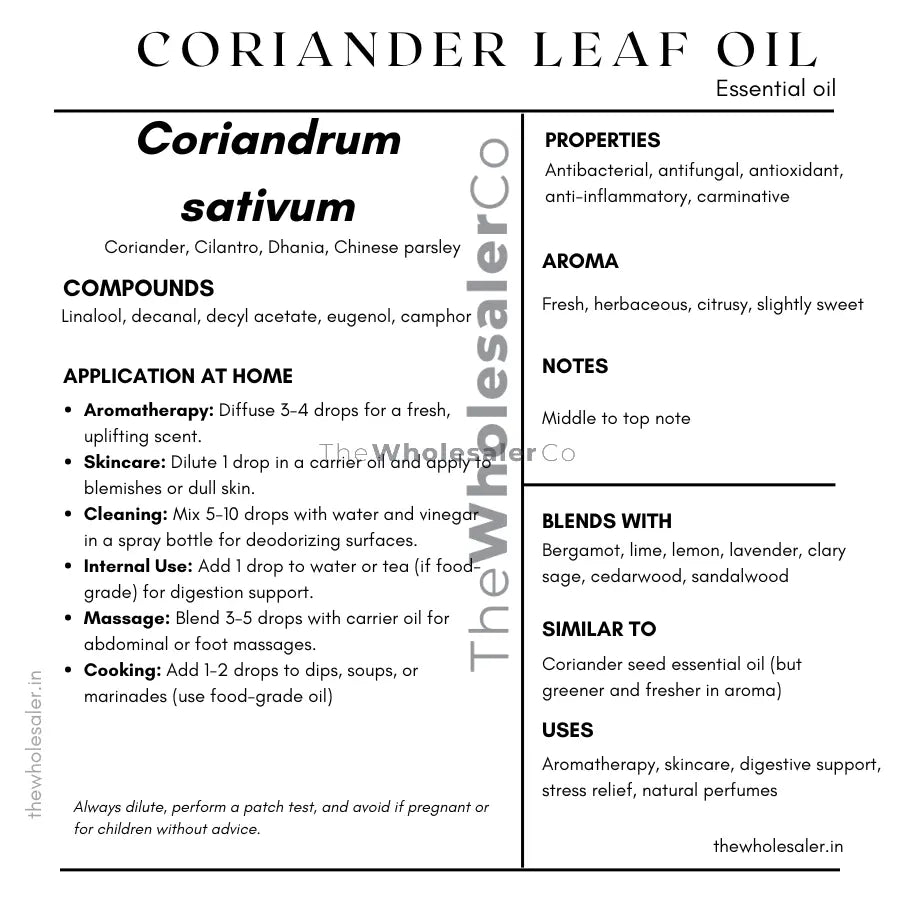 Coriandrum sativum leaf essential oil with  common name, active compounds, properties,aroma, notes,blends with, similar to and uses of coriander leaf essential oil