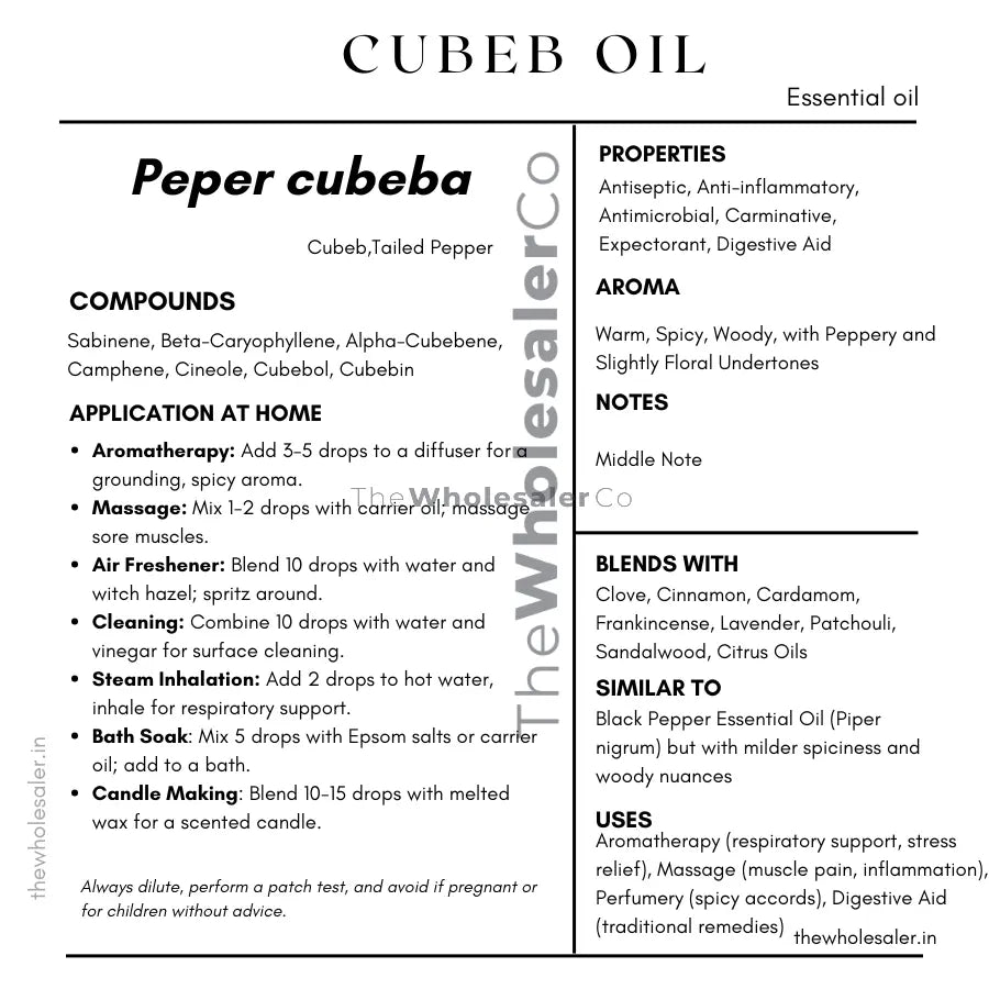 Peper cubeba seed essential oil with  common name, active compounds, properties,aroma, notes,blends with, similar to and uses of Peper cubeba essential oil 