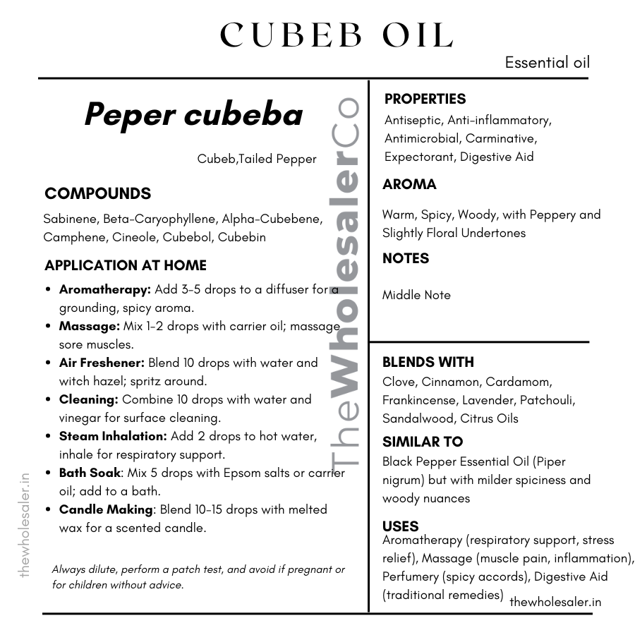 Peper cubeba seed essential oil with  common name, active compounds, properties,aroma, notes,blends with, similar to and uses of Peper cubeba essential oil 