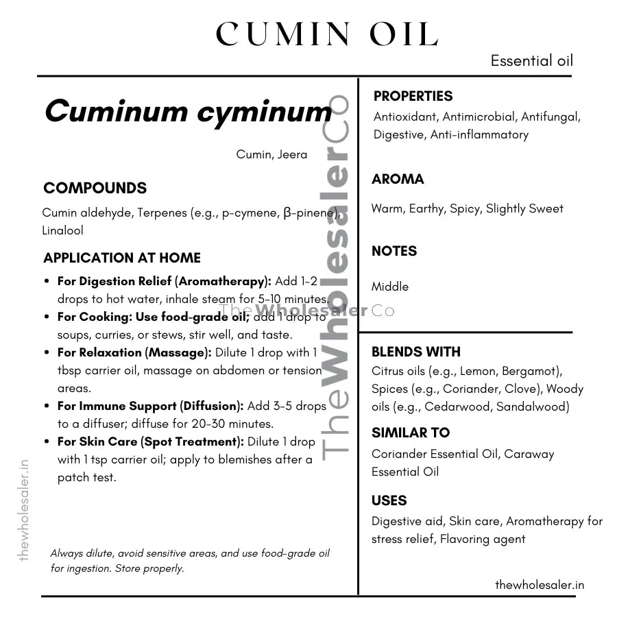 Cuminum cyminum essential oil with  common name, active compounds, properties,aroma, notes,blends with, similar to and uses of jeera essential oil 