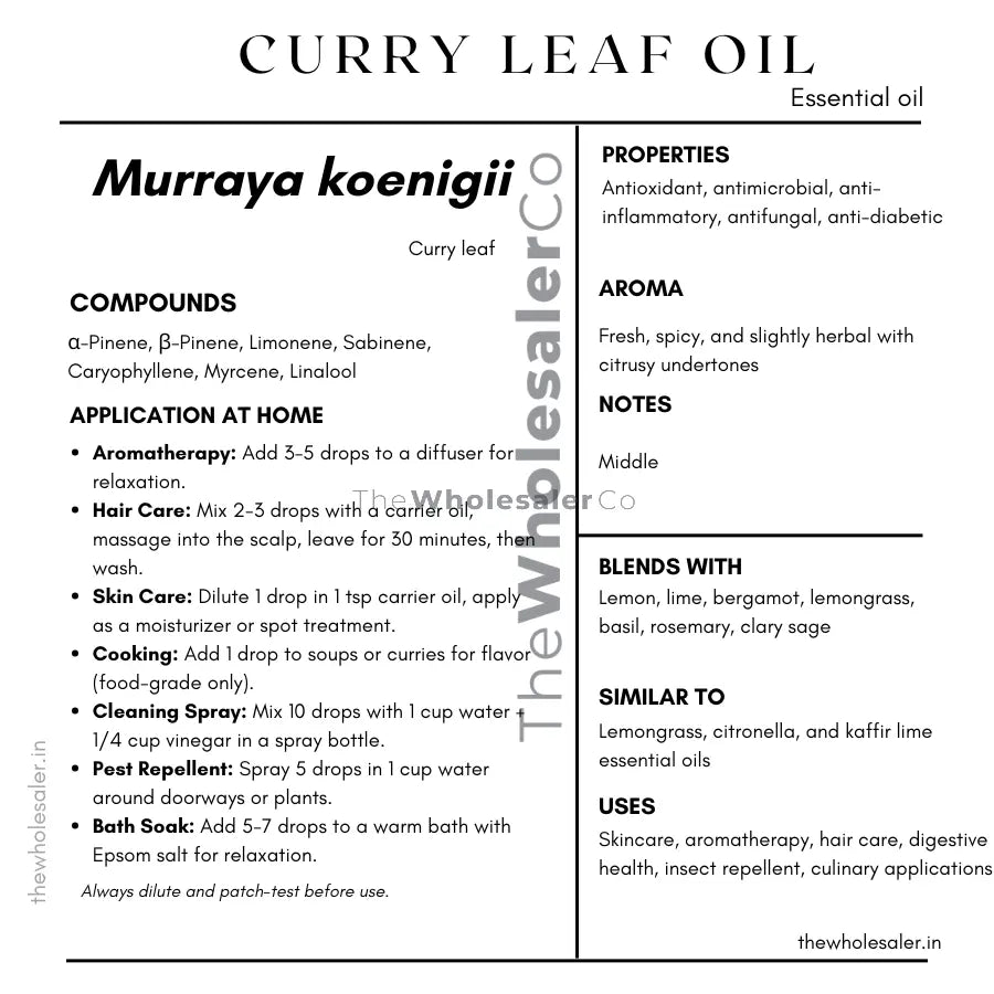 Murraya koenigii essential oil with  common name, active compounds, properties,aroma, notes,blends with, similar to and uses of Curry leaf essential oil 