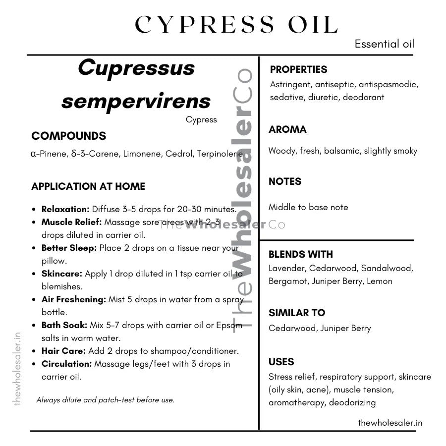 Cupressus sempervirens essential oil with  common name, active compounds, properties,aroma, notes,blends with, similar to and uses of cypress essential oil 