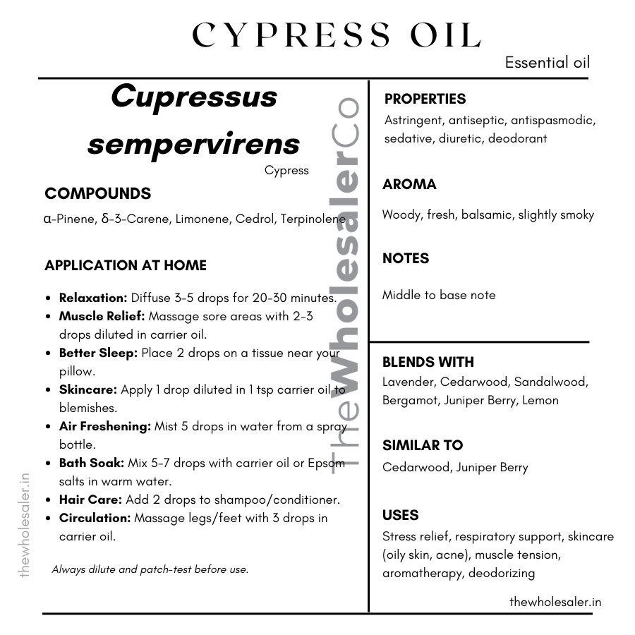 Cupressus sempervirens essential oil with  common name, active compounds, properties,aroma, notes,blends with, similar to and uses of cypress essential oil 