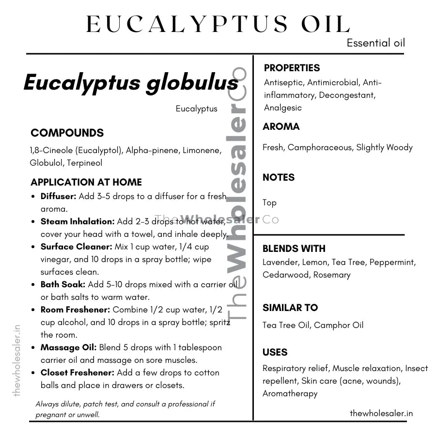 Eucalyptus essential oil with  common name, active compounds, properties,aroma, notes,blends with, similar to and uses of Eucalyptus essential oil