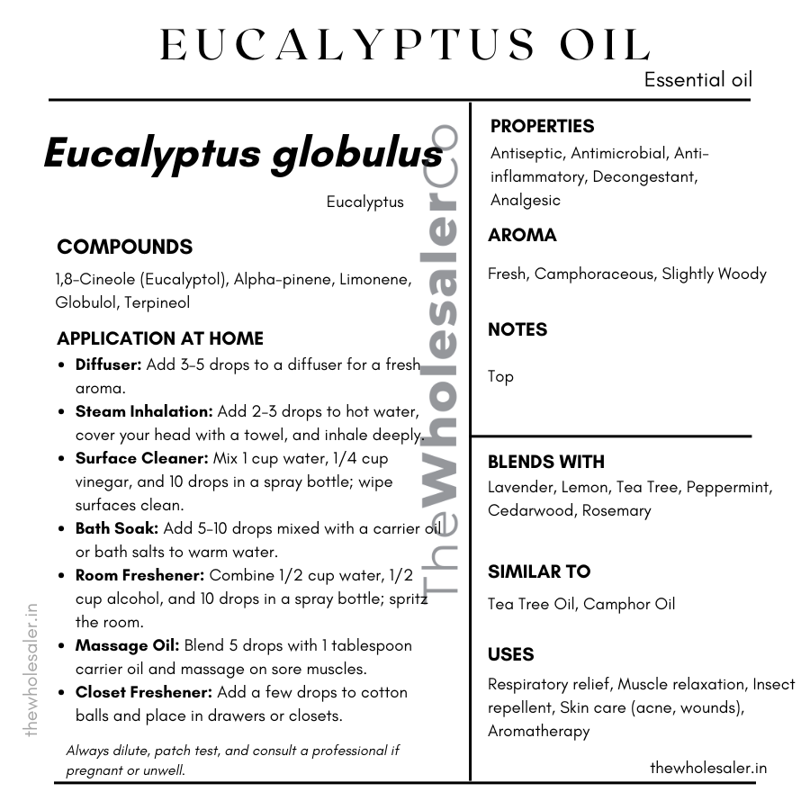 Eucalyptus essential oil with  common name, active compounds, properties,aroma, notes,blends with, similar to and uses of Eucalyptus essential oil