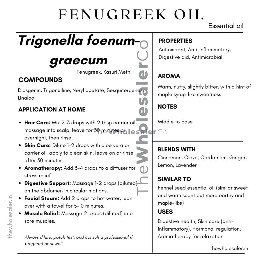 Trigonella foenum-graecum seed essential oil with  common name, active compounds, properties,aroma, notes,blends with, similar to and uses of fennel seed essential oil