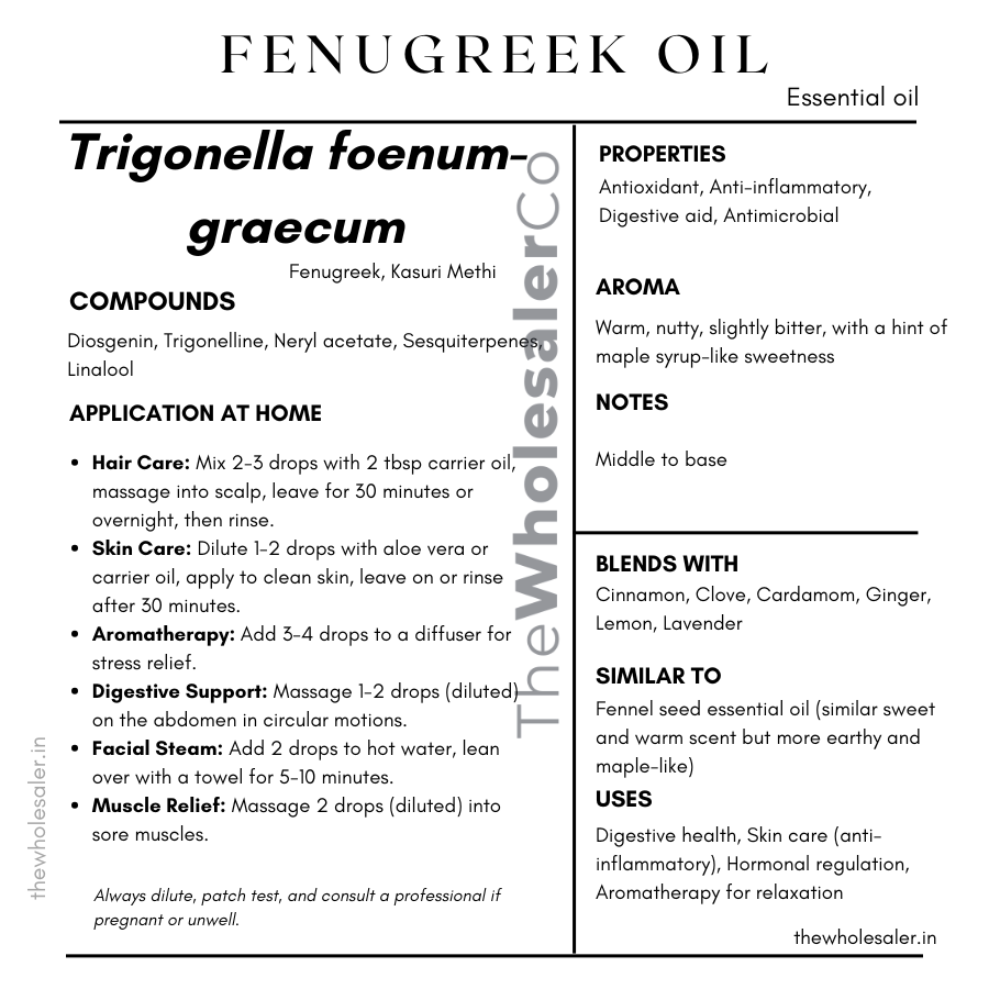 Trigonella foenum-graecum seed essential oil with  common name, active compounds, properties,aroma, notes,blends with, similar to and uses of fennel seed essential oil