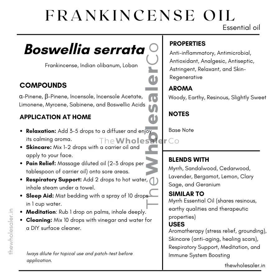 Boswellia serrata essential oil with  common name, active compounds, properties,aroma, notes,blends with, similar to and uses of Frankincense essential oil