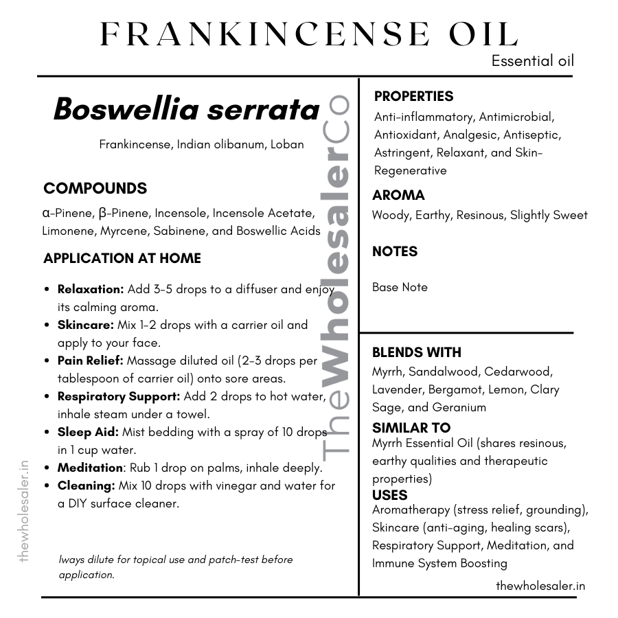 Boswellia serrata essential oil with  common name, active compounds, properties,aroma, notes,blends with, similar to and uses of Frankincense essential oil