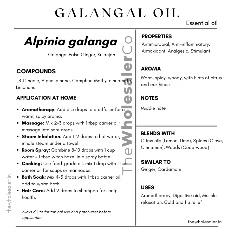 Alpinia galanga essential oil with  common name, active compounds, properties,aroma, notes,blends with, similar to and uses of Alpinia galanga essential oil