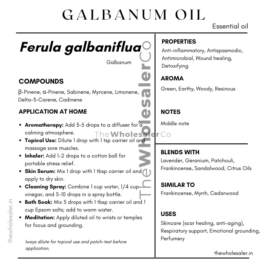 Ferula galbaniflua essential oil with  common name, active compounds, properties,aroma, notes,blends with, similar to and uses of Galbanum Oil essential oil