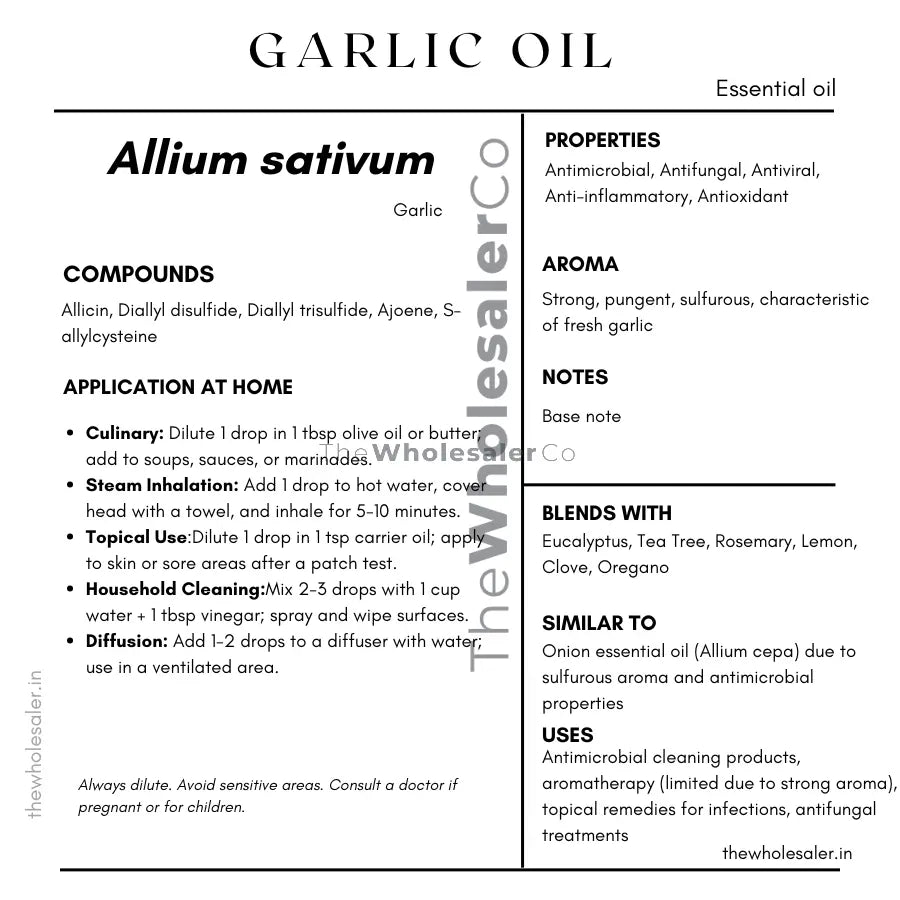 Allium sativum essential oil with  common name, active compounds, properties,aroma, notes,blends with, similar to and uses of Garlic essential oil 