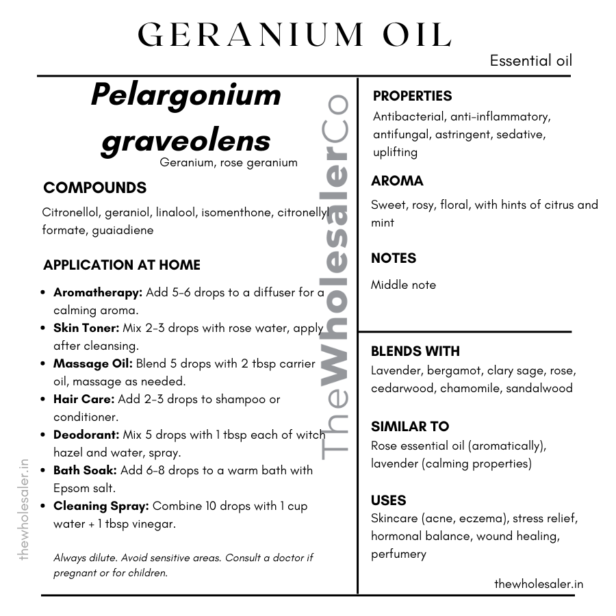  Pelargonium graveolens essential oil with  common name, active compounds, properties,aroma, notes,blends with, similar to and uses of Pelargonium graveolens essential oil