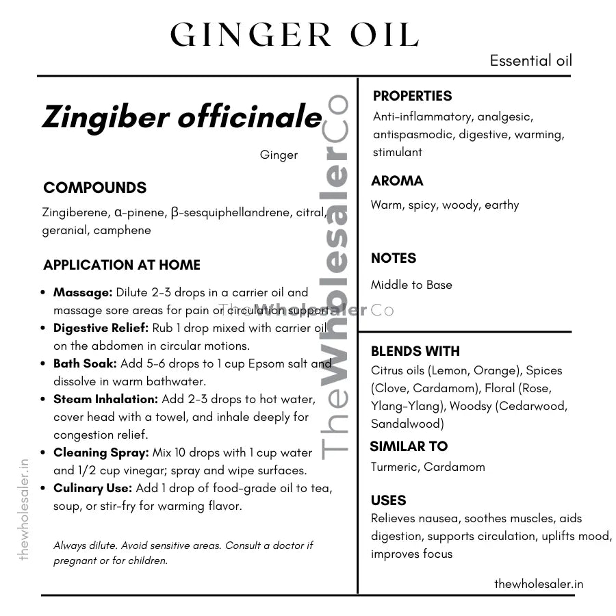 Zingiber officinale essential oil with  common name, active compounds, properties,aroma, notes,blends with, similar to and uses of ginger essential oil 