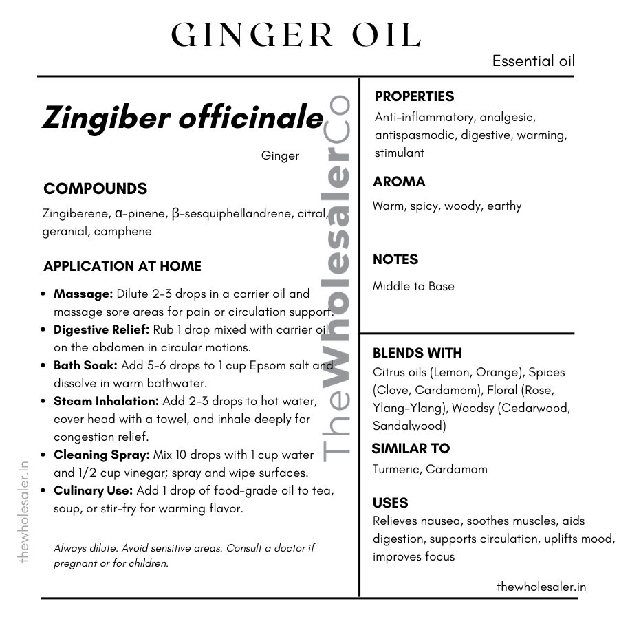 Zingiber officinale essential oil with  common name, active compounds, properties,aroma, notes,blends with, similar to and uses of ginger essential oil 