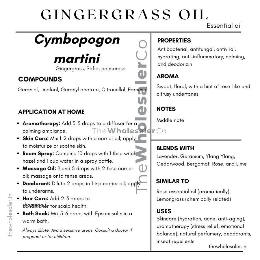  Cymbopogon martini essential oil with  common name, active compounds, properties,aroma, notes,blends with, similar to and uses of gingergrass essential oil 