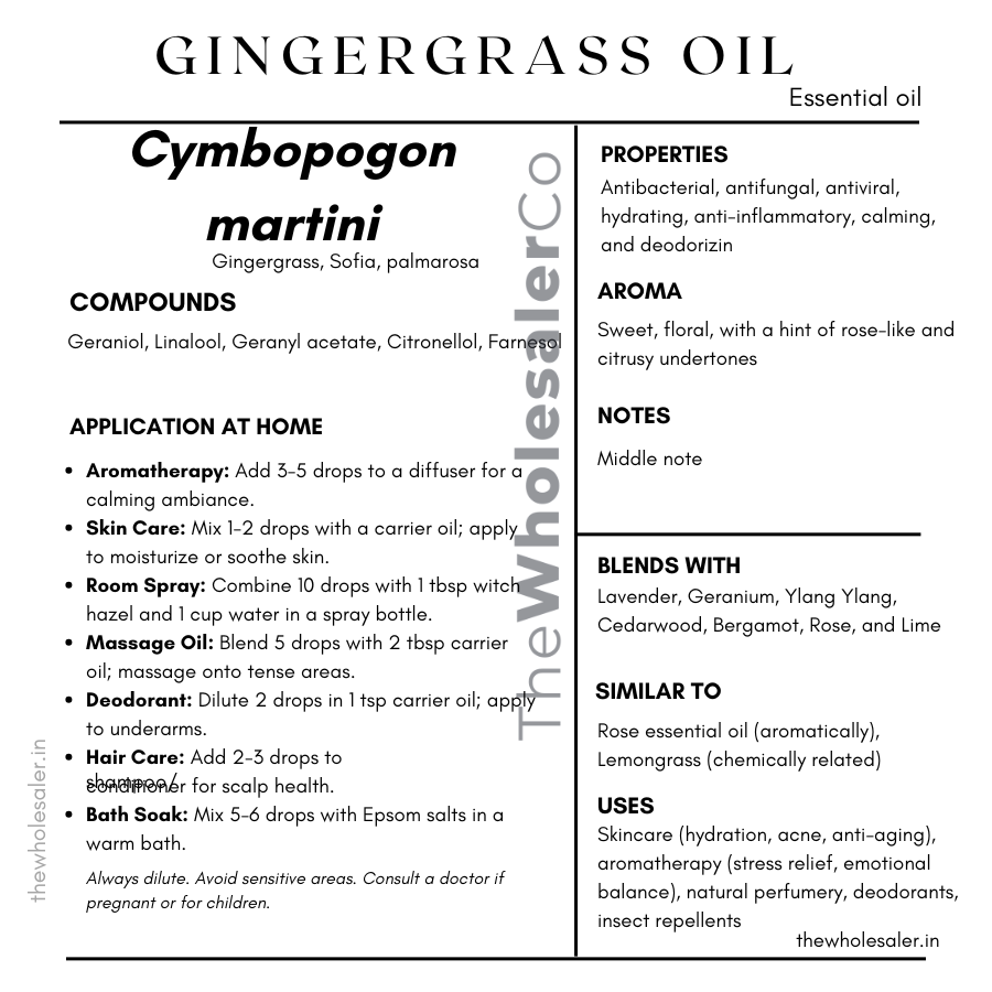  Cymbopogon martini essential oil with  common name, active compounds, properties,aroma, notes,blends with, similar to and uses of gingergrass essential oil 