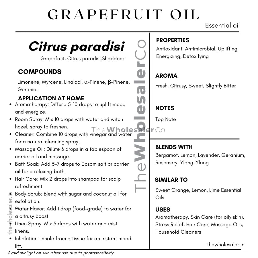 Citrus paradisi essential oil with  common name, active compounds, properties,aroma, notes,blends with, similar to and uses of Grapefruit essential oil 