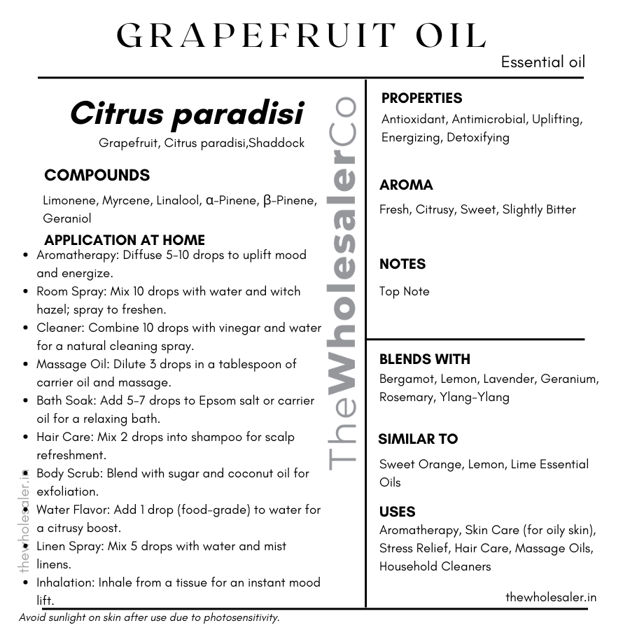 Citrus paradisi essential oil with  common name, active compounds, properties,aroma, notes,blends with, similar to and uses of Grapefruit essential oil 