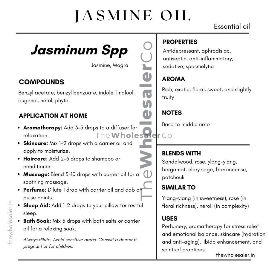 Jasminum Spp essential oil with  common name, active compounds, properties,aroma, notes,blends with, similar to and uses of Jasminum Spp essential oil