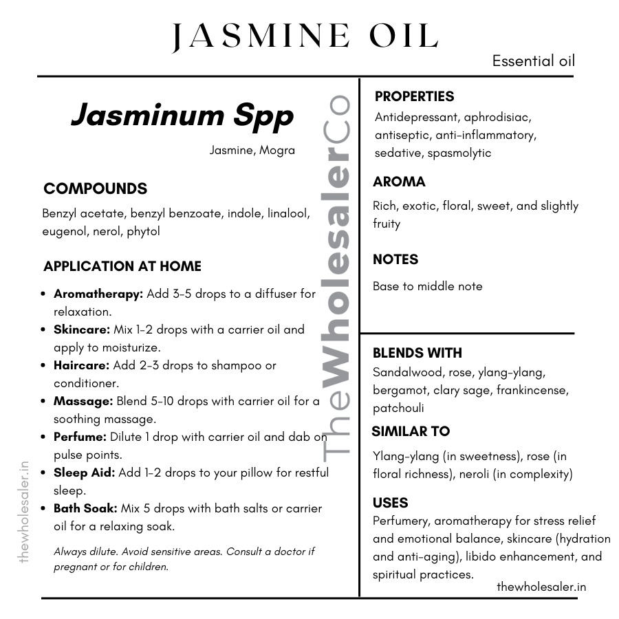 Jasminum Spp essential oil with  common name, active compounds, properties,aroma, notes,blends with, similar to and uses of Jasminum Spp essential oil