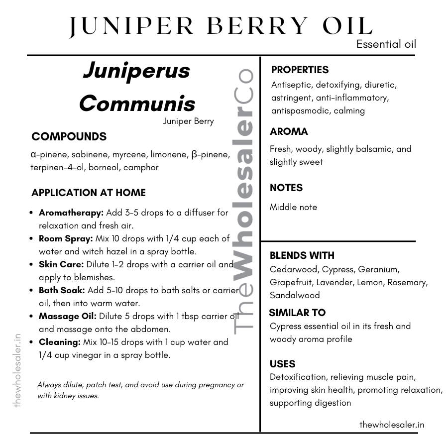 Juniperus Communis berry essential oil with  common name, active compounds, properties,aroma, notes,blends with, similar to and uses of Juniper Berry Oil