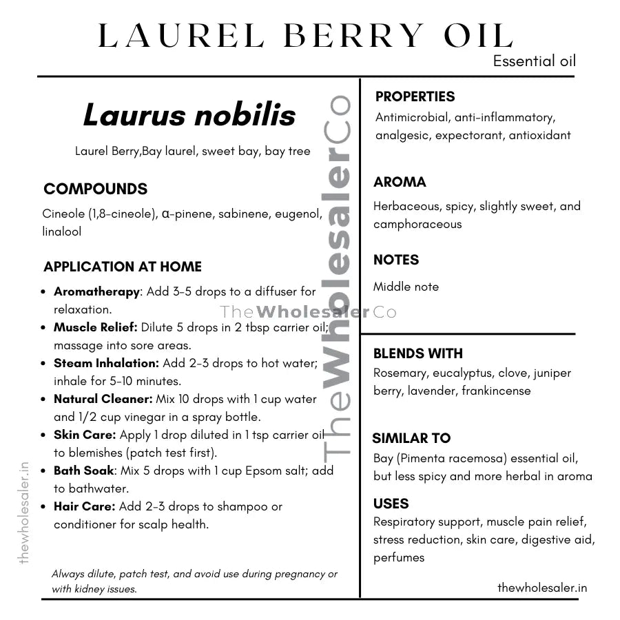 Laurus nobilis BERRY essential oil with  common name, active compounds, properties,aroma, notes,blends with, similar to and uses of Laurel Berry  essential oil 